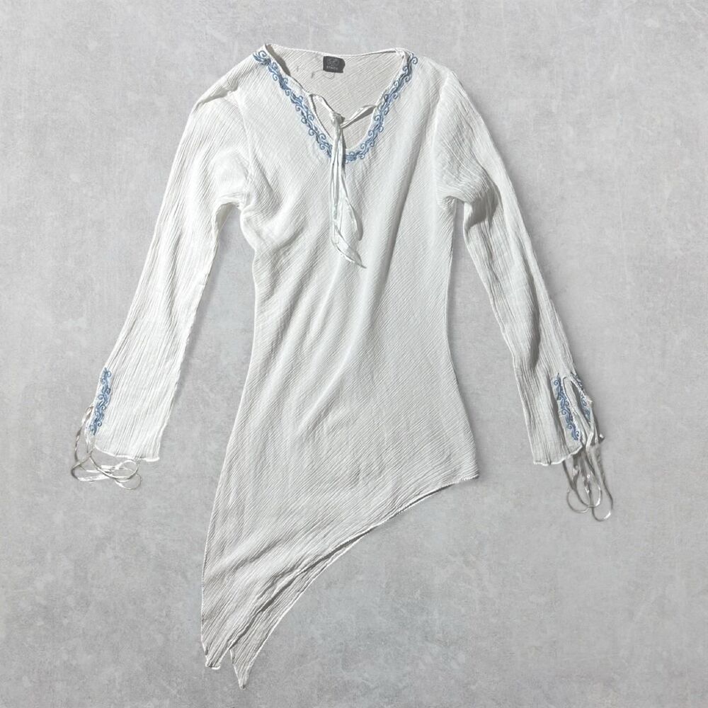 White Long Sleeve Asymmetrical Blouse with Blue Lace Trim and Tie Details